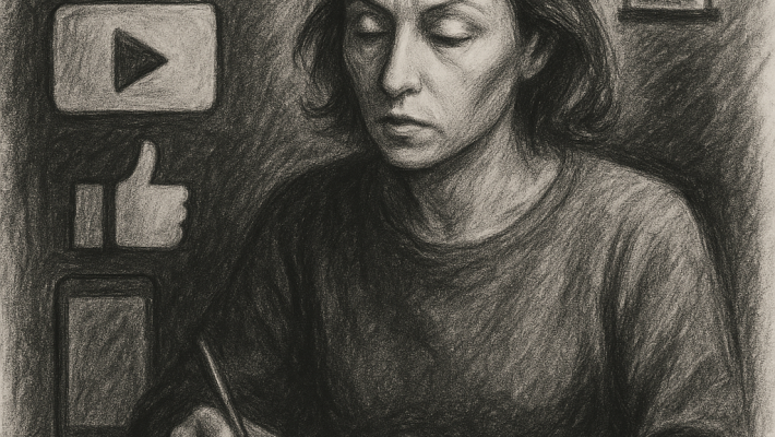 Desenho em carvão de Clarice Lispector escrevendo, cercada por ícones digitais e um relógio de areia. Imagem gerada por IA.