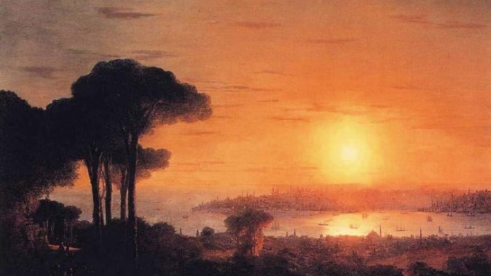 Pôr do sol sobre o chifre dourado 1866, Paisagem romântica do crepúsculo Ivan Aivazovsky
